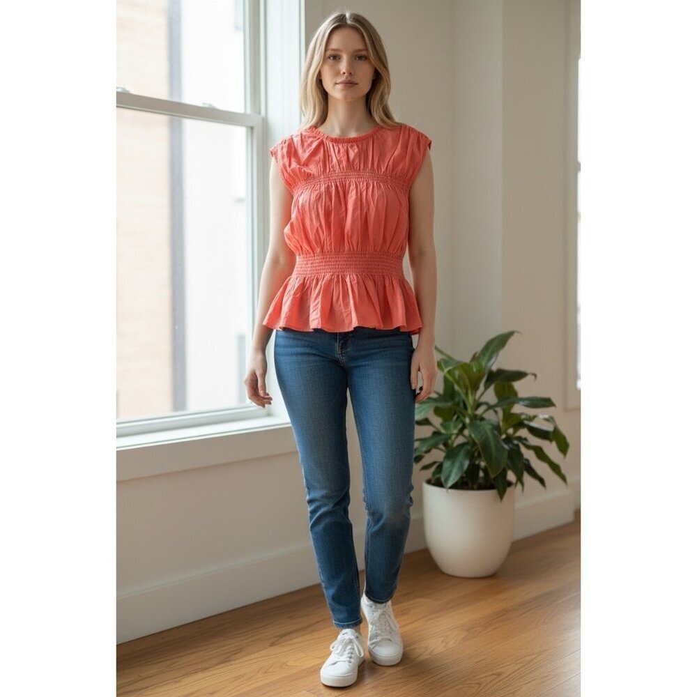 Joe’s Jeans Coral Smocked Peplum Blouse Cotton Sleeveless Boho Top L Fun